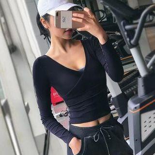 Plain Drawstring Long-sleeve Cropped Sports T-shirt