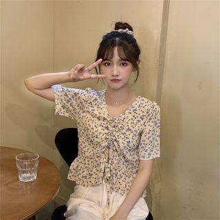 Drawstring Floral Short-sleeve Chiffon Top