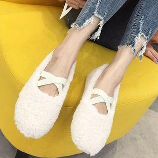 Faux Shearling Cross Strap Flats