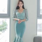 Elbow-sleeve Lace Panel Midi Mermaid Dress