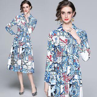 Long-sleeve Flower Print Midi Shirtdress