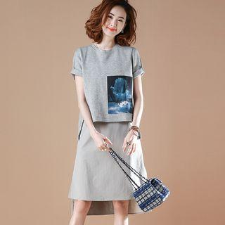 Short-sleeve Printed Midi Mock Two-piece Dress