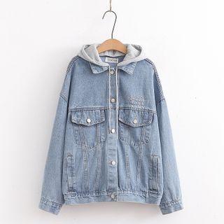 Lettering Embroidered Hooded Denim Jacket Blue - One Size