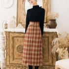 Set: Mock Neck Sweater + Plaid Midi A-line Skirt