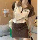 Short-sleeve Lettering Half-zip Polo Shirt / Mini A-line Skirt