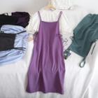 Set: Puff-sleeve Round Neck Top + Spaghetti Strap Dress
