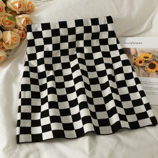 Checkerboard Knit Mini Skirt Black - One Size