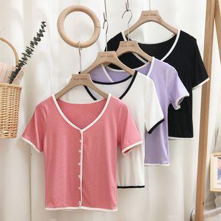 Contrast Trim Button Short-sleeve Cropped T-shirt