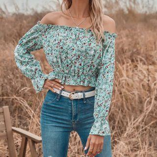 Long-sleeve Off-shoulder Floral-print Cropped Top