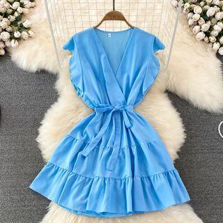 Ruffle V-neck Plain A-line Dress With Sash