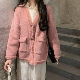 Plain Knit Jacket Pink - One Size