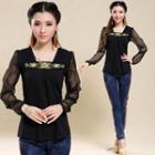 Long-sleeve Embroidered Chiffon Top
