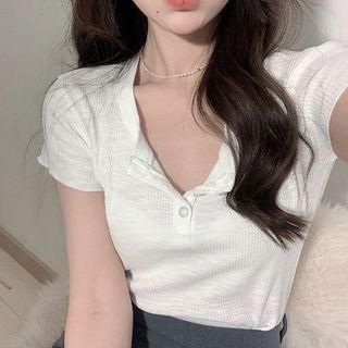 Short-sleeve Placket Cropped T-shirt