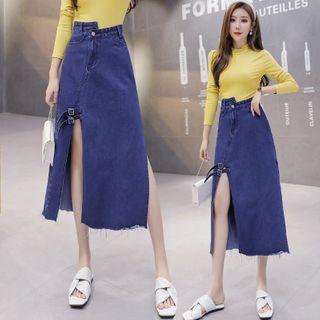 Distressed Slit Midi A-line Denim Skirt