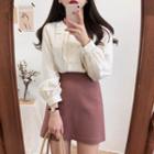 Long-sleeve Double-breasted Blouse / Mini A-line Skirt