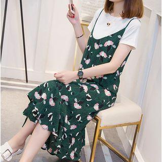 Set: Short-sleeve T-shirt + Spaghetti-strap Chiffon Dress