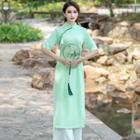 Elbow-sleeve Midi Qipao / Wide Leg Pants / Set