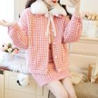 Set: Faux-fur Collared Houndstooth Jacket + Skirt
