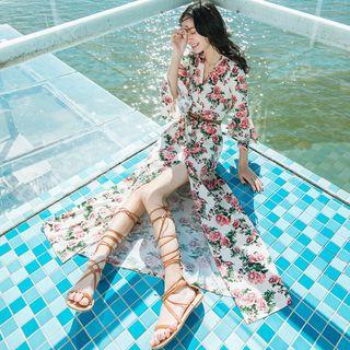 Bell-sleeve Floral Print Slit-front Tie-waist V-neck Dress