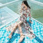 Bell-sleeve Floral Print Slit-front Tie-waist V-neck Dress