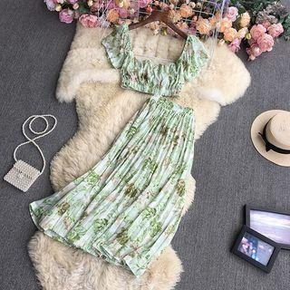 Set: Short-sleeve Floral Crop Top + Midi A-line Skirt