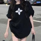 Elbow-sleeve Print Oversized T-shirt Black - One Size