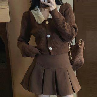 Long-sleeve Contrast Collar Button-up Cropped Cardigan / Pleated Mini A-line Skirt