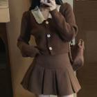 Long-sleeve Contrast Collar Button-up Cropped Cardigan / Pleated Mini A-line Skirt