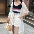 3/4 Sleeve Long Light Jacket / Striped Camisole Top / Shorts