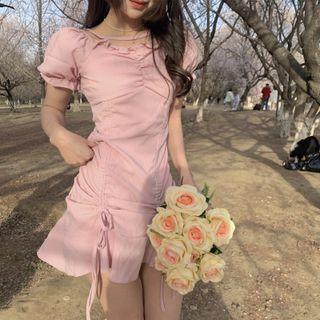 Puff-sleeve Frill Trim Drawstring Mini Mermaid Dress