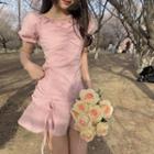 Puff-sleeve Frill Trim Drawstring Mini Mermaid Dress