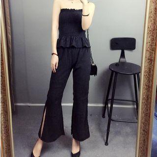 Set: Strapless Frilled Top + Wide Leg Slit Pants