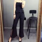 Set: Strapless Frilled Top + Wide Leg Slit Pants