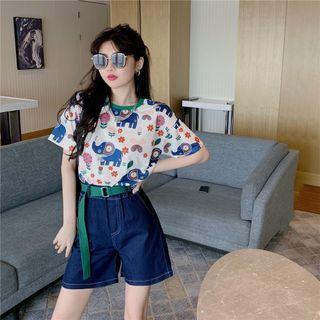 Short-sleeve Elephant Print T-shirt / Denim Shorts / Belt / Set