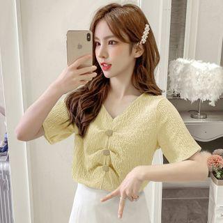 Short-sleeve Crinkled V-neck Blouse