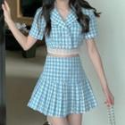 Short-sleeve Double-breasted Plaid Cropped Blazer / A-line Skirt