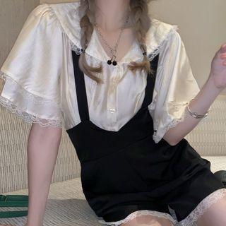 Elbow-sleeve Lace Trim Blouse / Suspender Mini Pencil Skirt