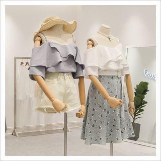 Ruffle Trim Off Shoulder Elbow Sleeve Blouse