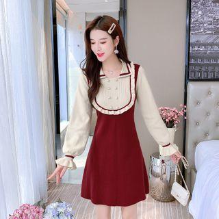 Long-sleeve Two-tone Ruffled Knit Dress