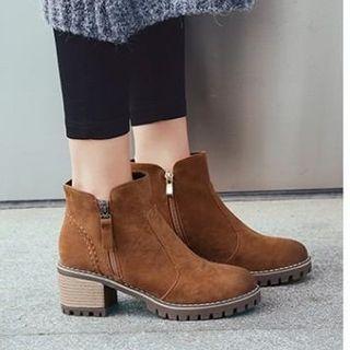 Side-zip Chunky Heel Short Boots