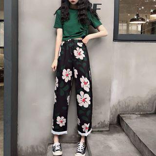 Short-sleeve Crinkled Cropped T-shirt / Flower Print Wide-leg Pants