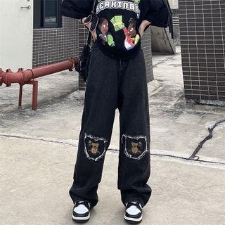 Straight Wide Leg Bear Patch Jeans