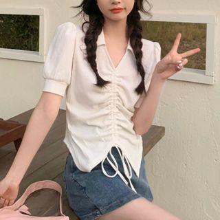 Puff-sleeve Collar Drawstring Top