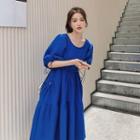 Puff-sleeve Tie Waist Midi A-line Dress