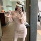 Off-shoulder Long-sleeve Mini Dress Pink - One Size