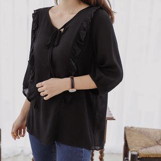 Tie-neck 3/4-sleeve Frilled Top
