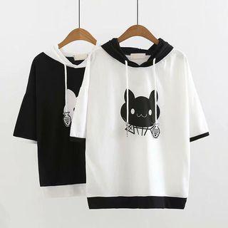 Short Sleeve Cat Printed Hooded Top