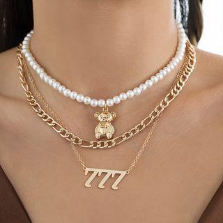 Set: Bear Pendant Faux Pearl Choker + Numerical Pendant Alloy Necklace + Alloy Choker