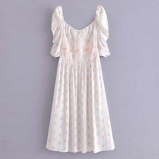 Puff Sleeve Square-neck Floral Print Midi Dress