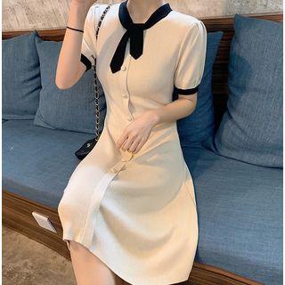 Short-sleeve Contrast Trim Buttoned Knit A-line Dress Almond - One Size